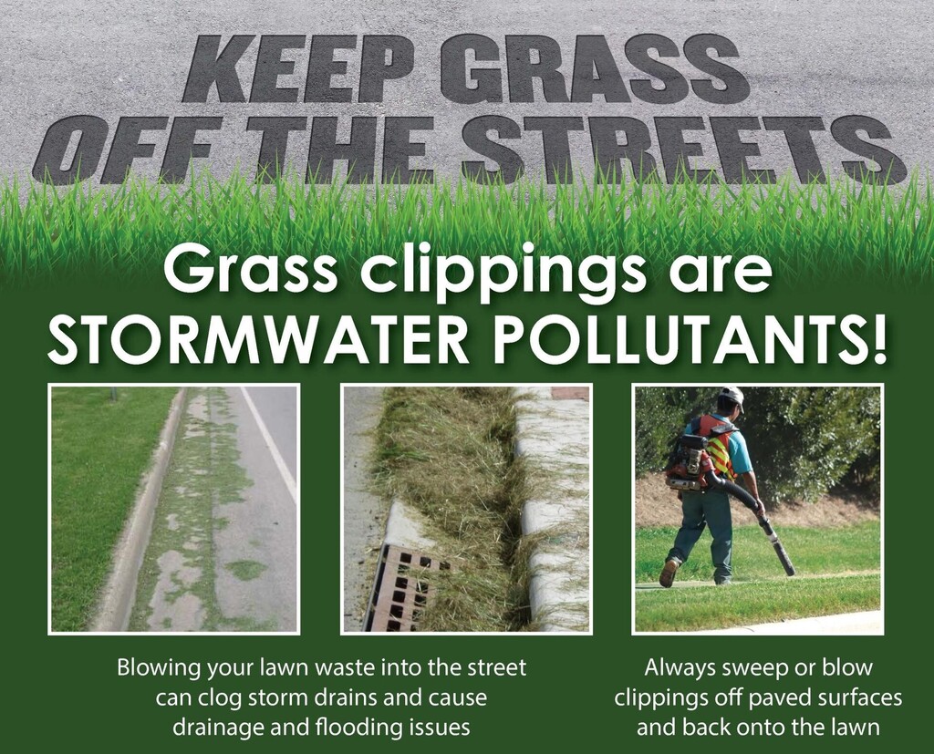 Images of grass in street and man blowing grass off of sidewalk with statements of "Keep grass off the streets" and "Grass clippings are Stormwater Pollutants"