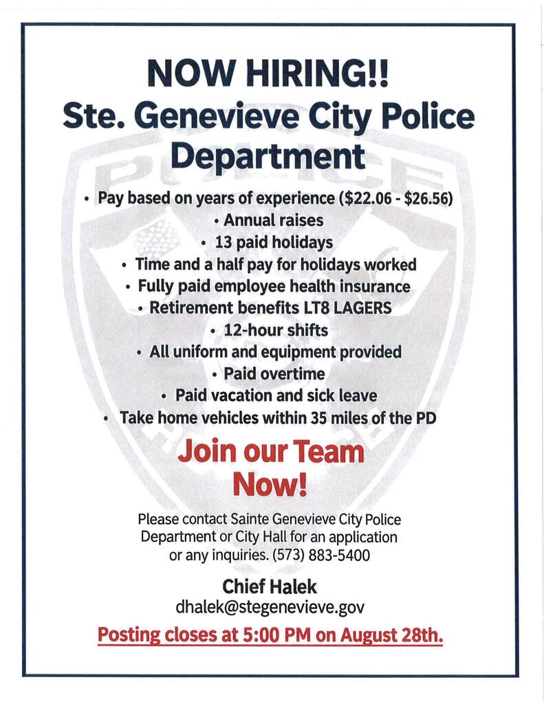 Flyer advertising the SG PD is hiring a police officer