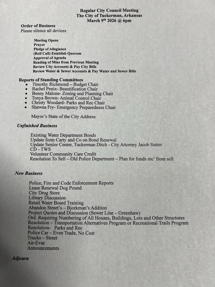 Agenda March 9th regular council meeting set for 6pm City of Tuckerman 