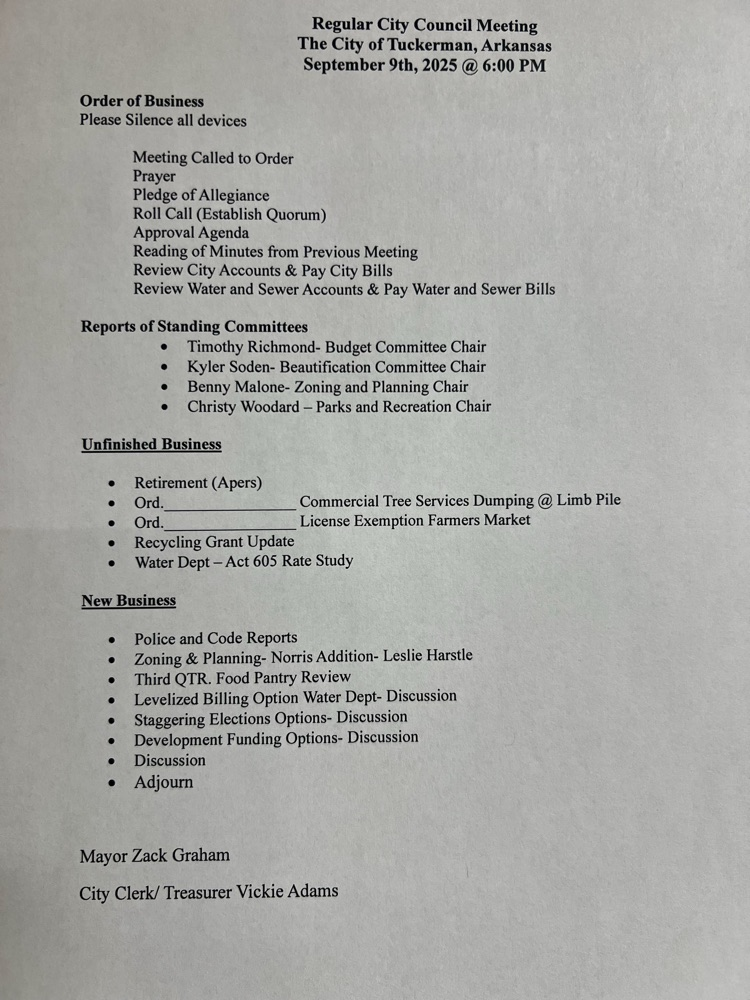 agenda for regular council meeting to be held Sept 9th 6pm city hall 