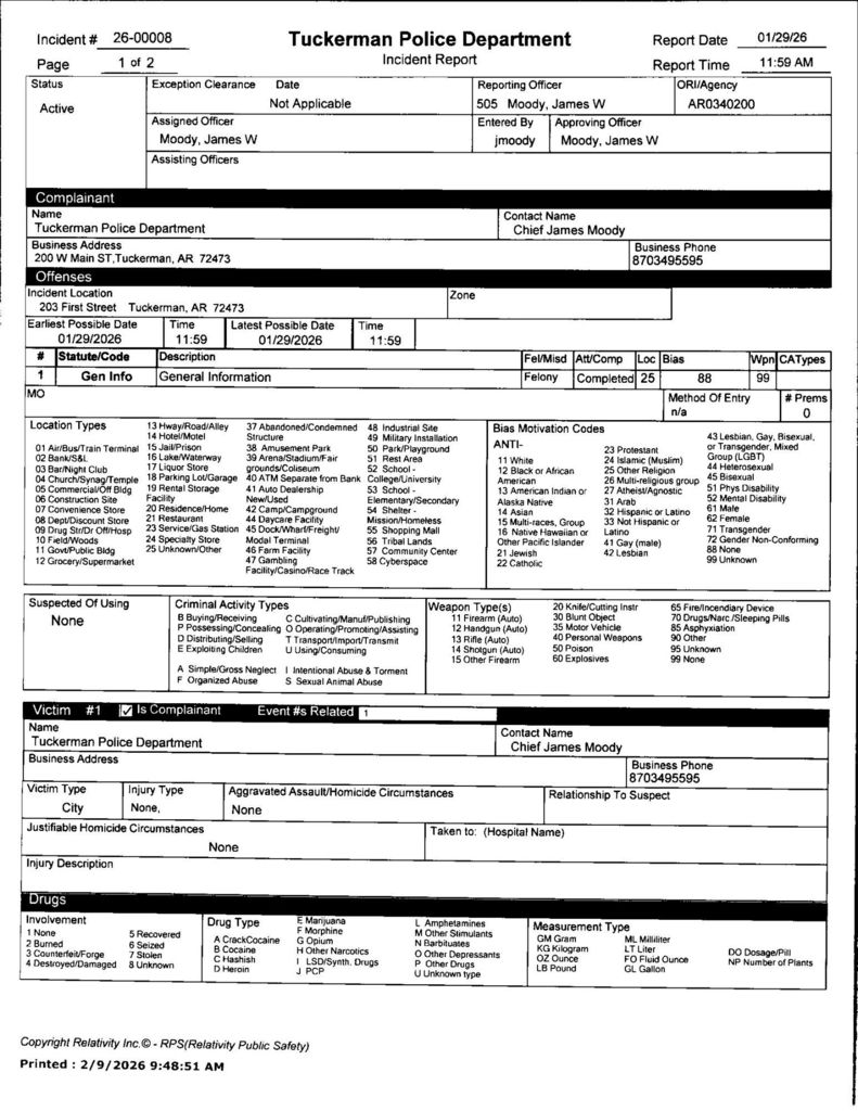 Tuckerman Police Department Incident Report