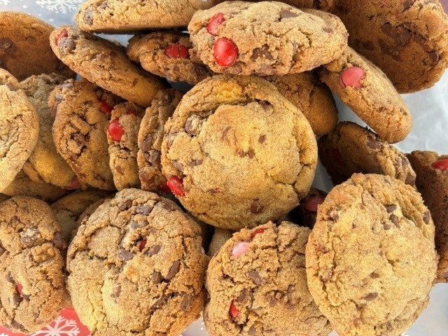 chocolate chip and red and pink m&m candy cookies