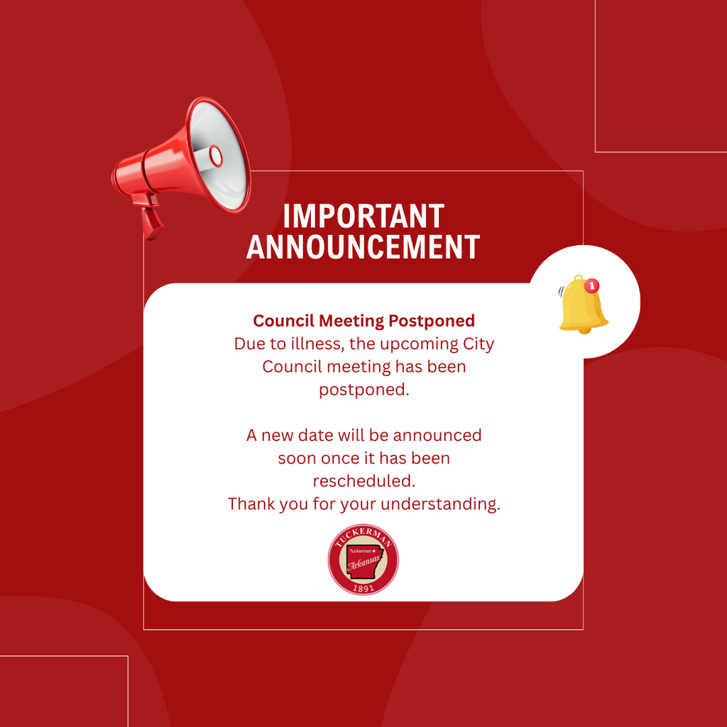 red and white important announcement graphic with loudspeaker icon and alarm bell icon.