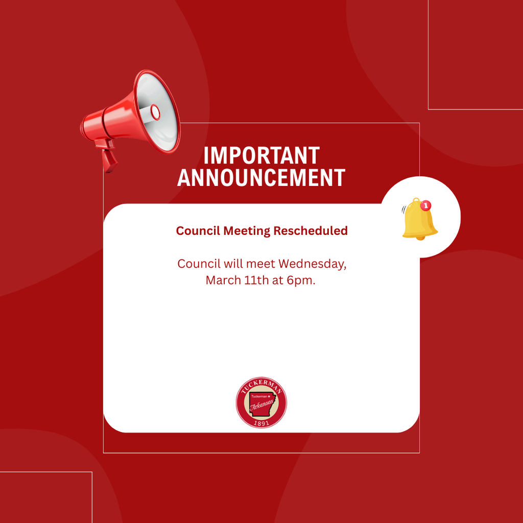 red and white important announcement graphic with loudspeaker and notification bell, city of tuckerman logo