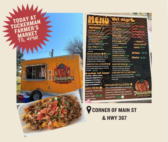 beige and red advertisement for food vendor mexican and hot dogs, menu listed, address is corner of main st and hwy 367