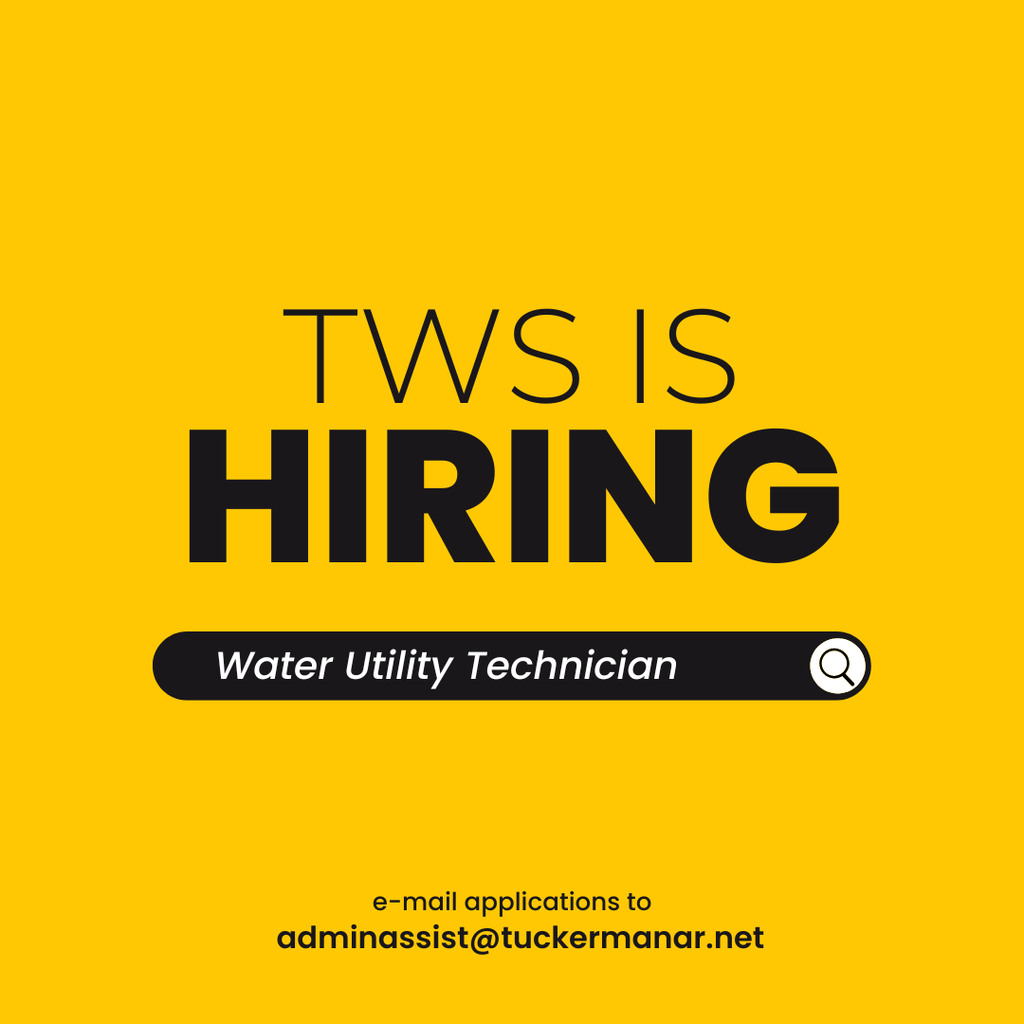 yellow and black graphic, text reads TWS is hirig, water utility technician, email applications to adminassist@tuckermanar.net