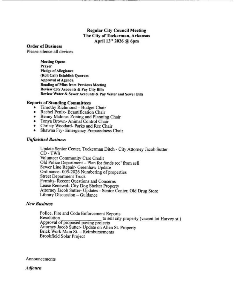 Meeting Agenda for April, white background with black text