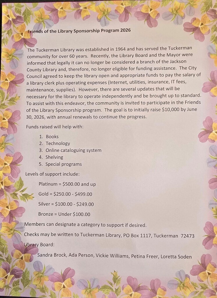 colorful flowers, letter about library funding