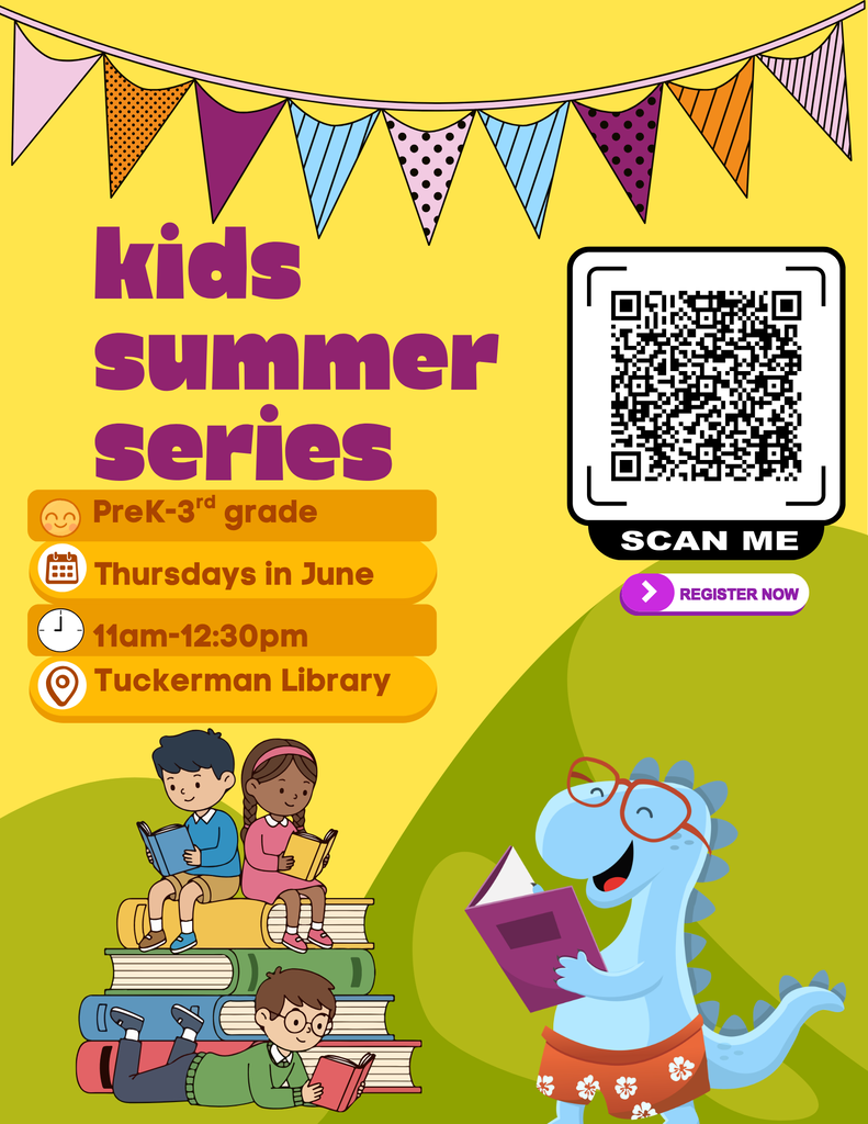 yellow, green, blue, purple visual flyer for kids summer series , dinosaur in glasses reading book, kids on books reading books, qr code for sign up and colorful flags graphic