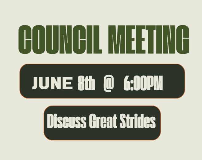 beige and green infographic for council meeting at june 8th at 6pm to discuss great strides