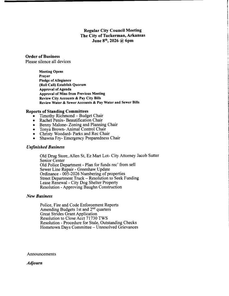 Meeting Agenda for City Council Meeting June 8th 2026