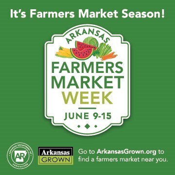 Green, white infographic for Farmer's Market season from Arkansas Grown. Graphics of corn, watermelon, celery, carrots, cabbage