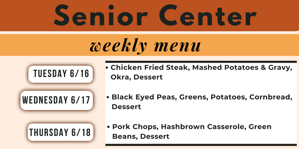 orange and black infographic for Senior Center weekly menu