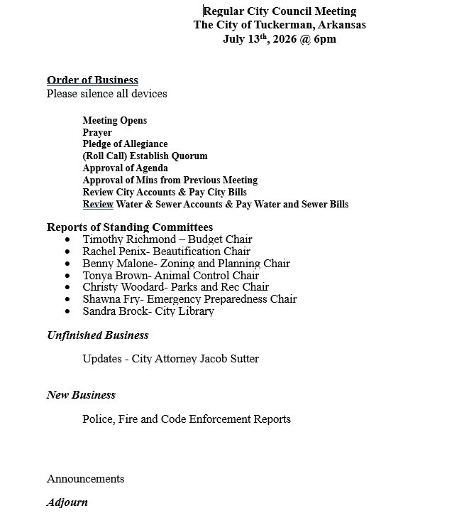 July 13th Council Agenda