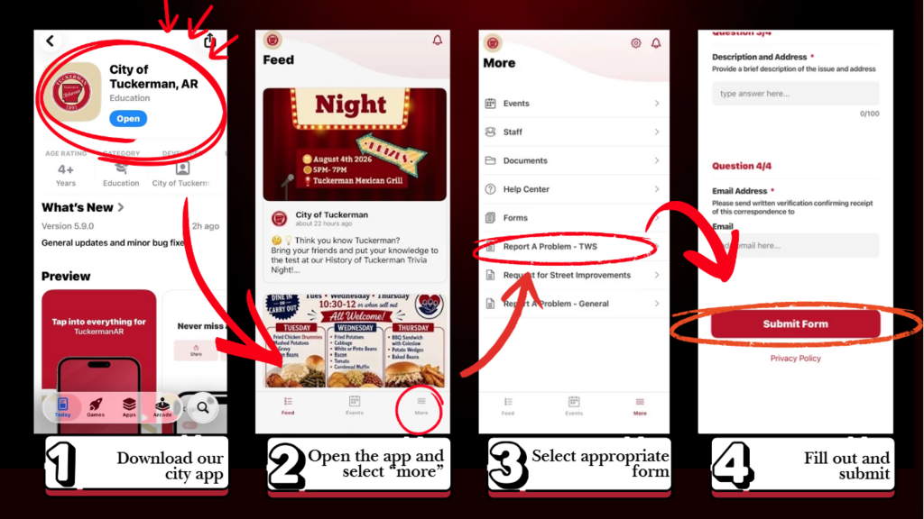 black, white and red infographic on reporting a problem throught he city's app