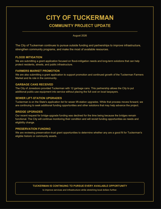 City of Tuckerman Community Project Update