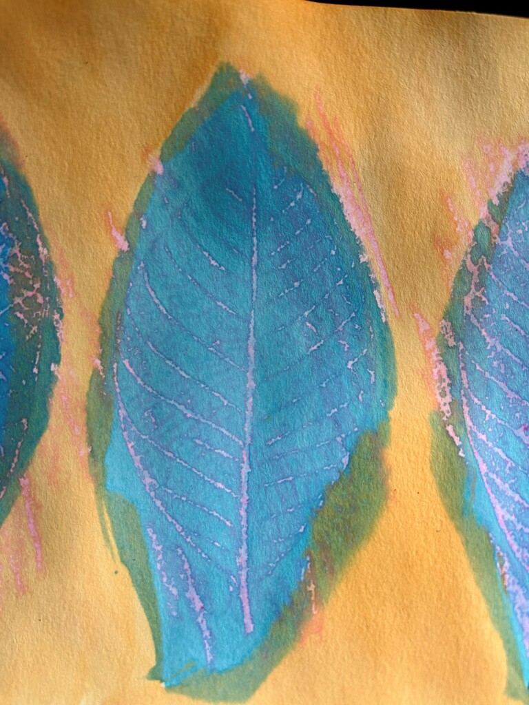 Three blue leaves with green veins on a yellow background. The leaves have a textured, painted appearance.