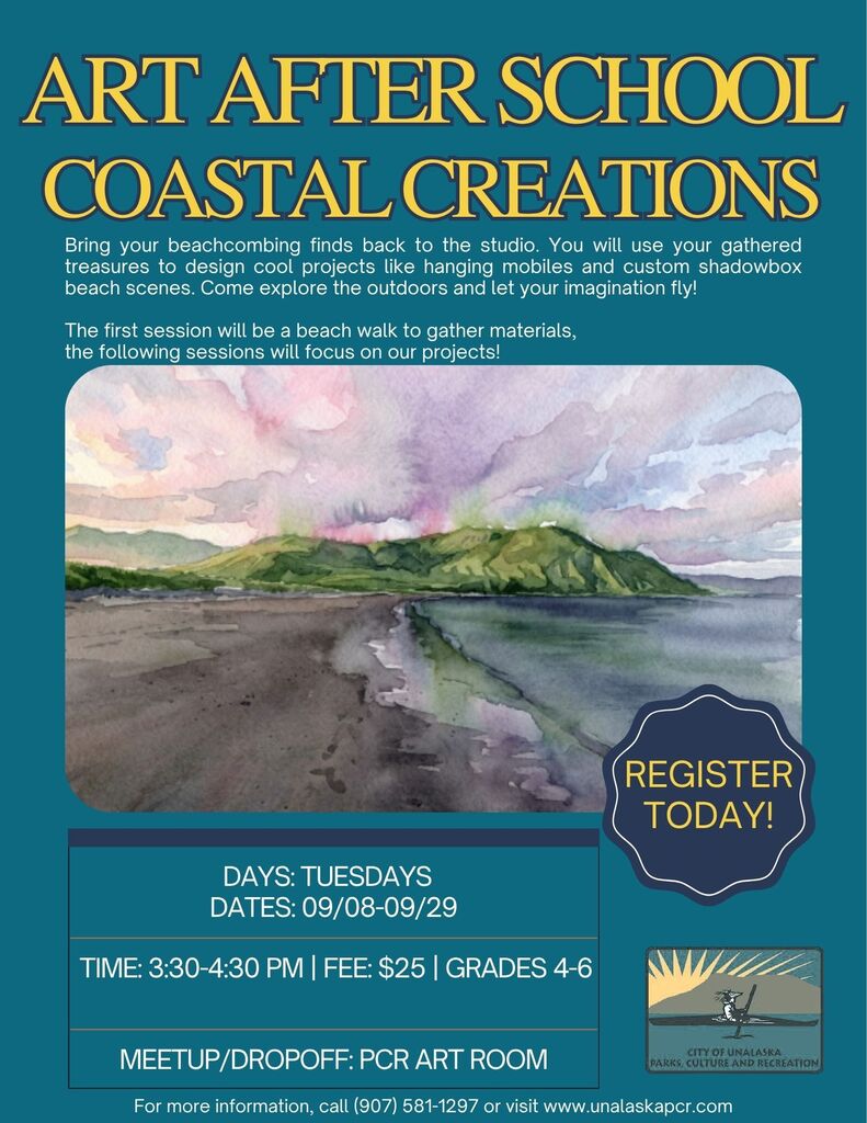Poster features text and an image of a beach and hills. Text reads "ART AFTER SCHOOL COASTAL CREATIONS."