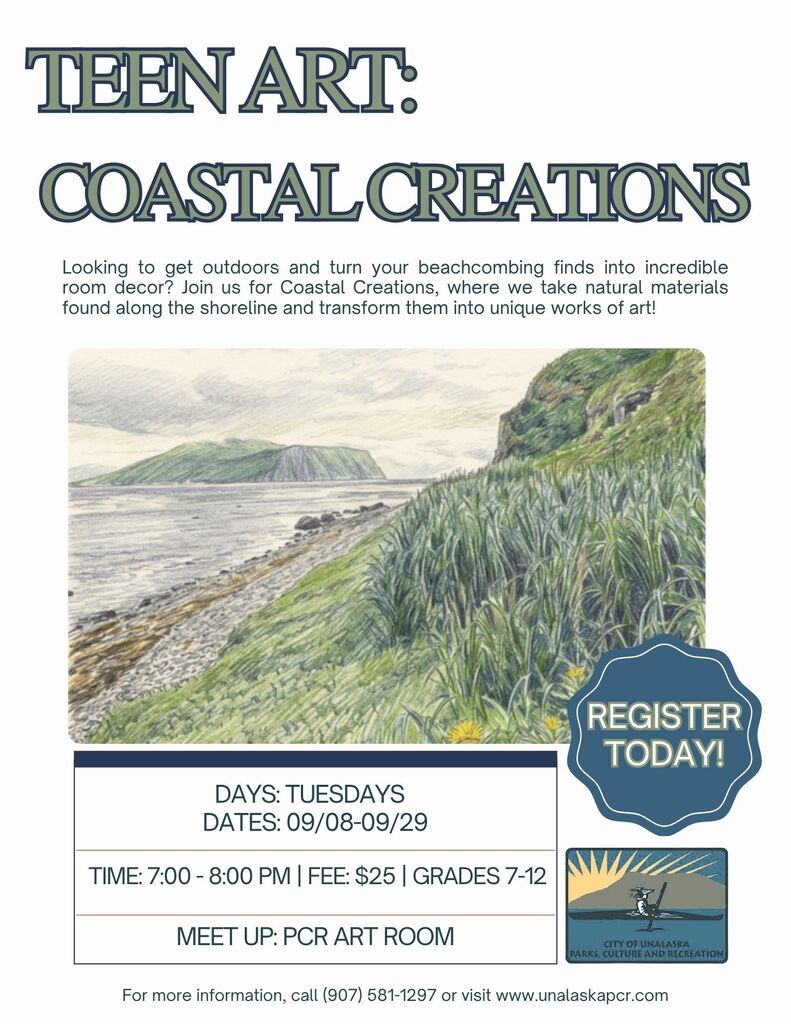 Poster with blue-gray background featuring a landscape. Text reads "Teen Art: Coastal Creations" with details about the event.