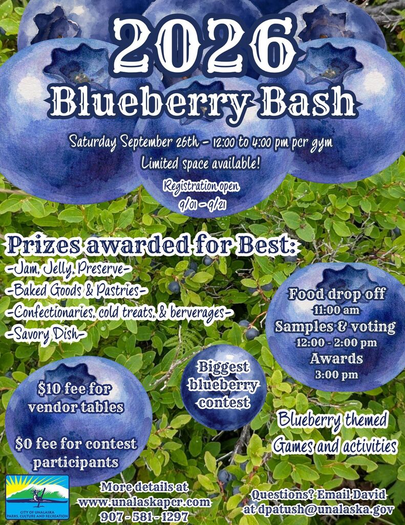 Blueberries on green leaves. "2026 Blueberry Bash" in large letters. Event details include date, time, and location. Registration is open.