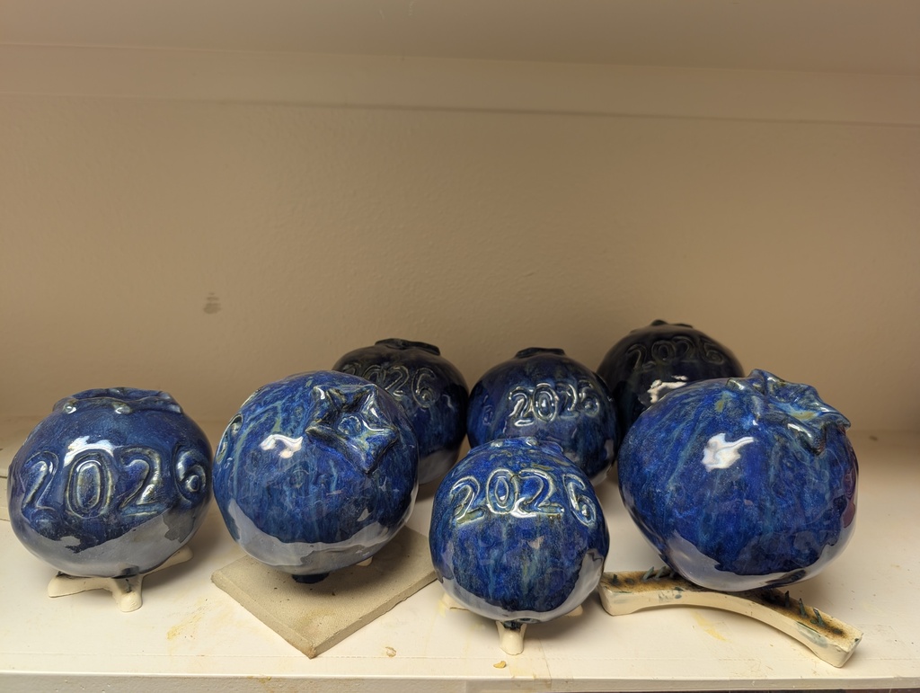 6 blueberry shaped sculptures are present, with several showing the number "2026" carved into them.
