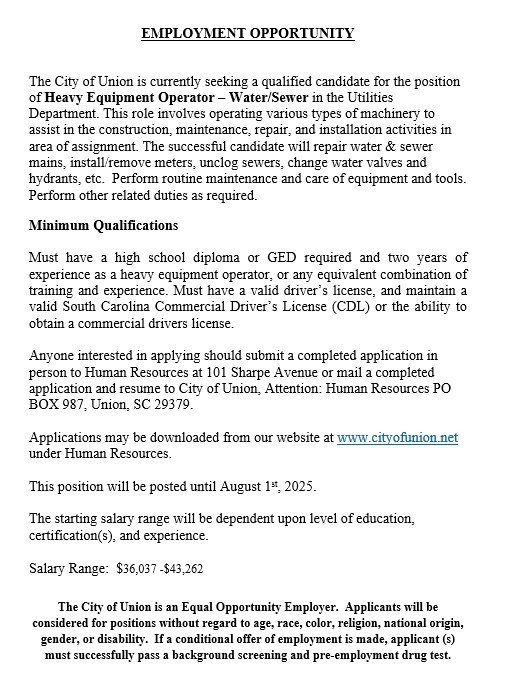 Heavy Equipment Operator-Water/Sewer