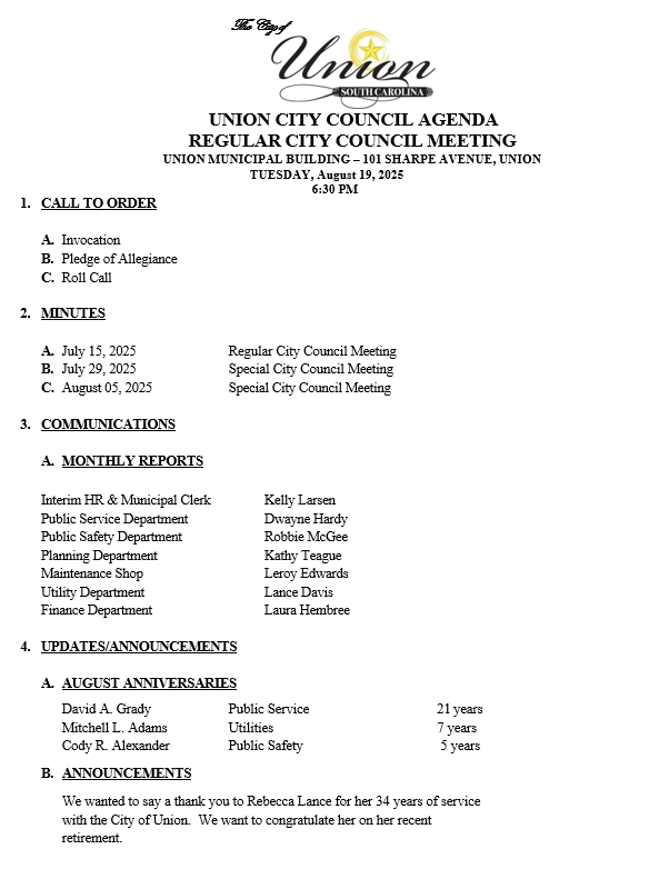August 19, 2025- Regular Council Meeting Agenda