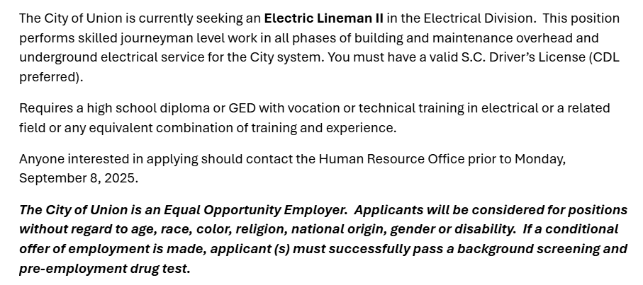 Electric Lineman II- Job Posting 8-19-25