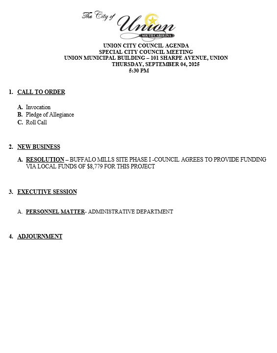 SEPTEMBER 4, 2025-SPECIAL CALLED COUNCIL MEETING AGENDA