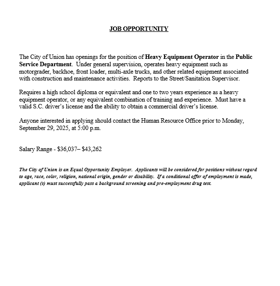 Job Posting-Heavy Equipment Operator-Public Service Department
