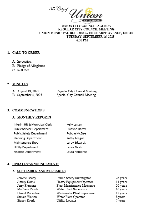 Regular Council Meeting Agenda-September 16, 2025 pg 1