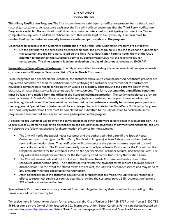 Third Party Notification Program and Special Needs Program
