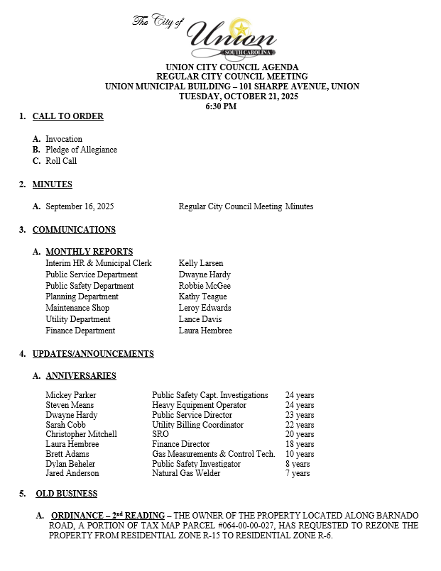 OCTOBER 21, 2025 COUNCIL MEETING AGENDA PG 1