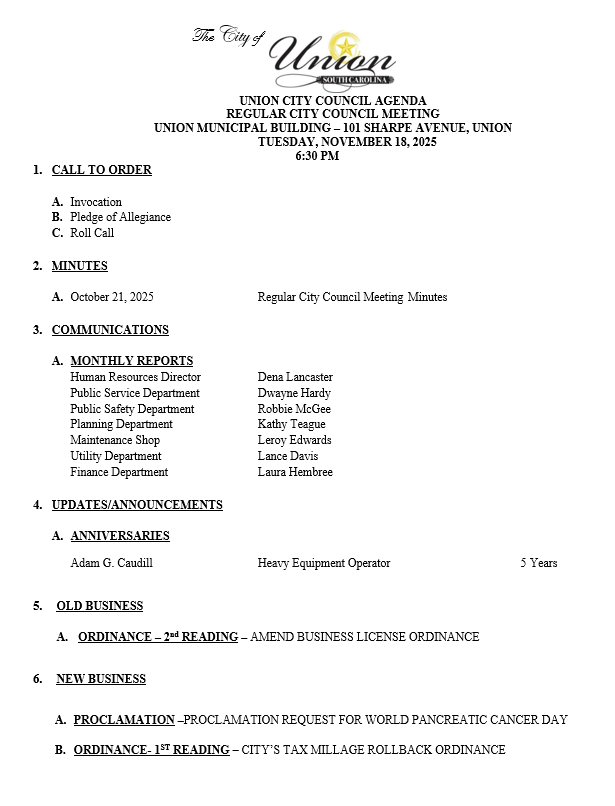 November 18,  2025 Council Meeting Agenda  