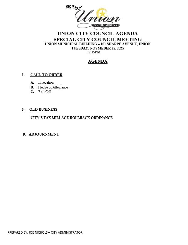 November 25, 2025-Special Council Meeting Agenda