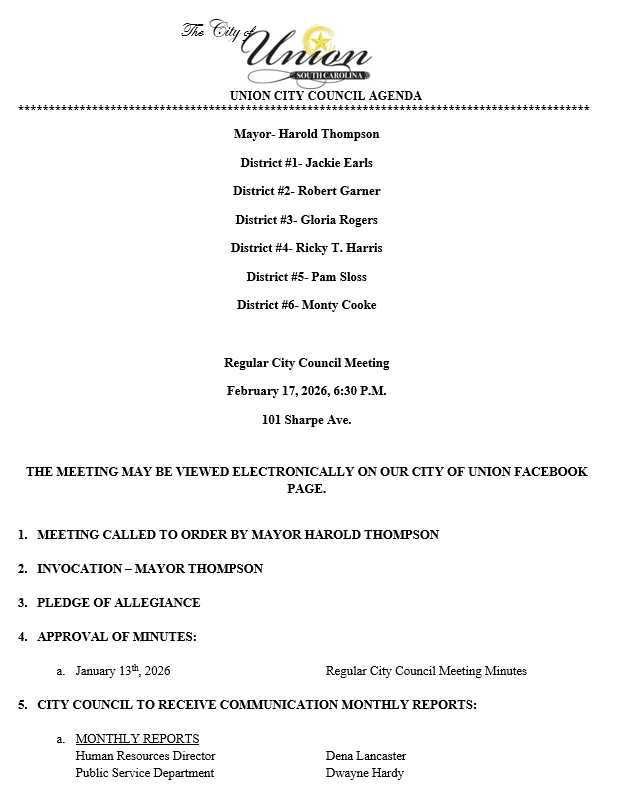 FEBRUARY 17, 2026-REGULAR COUNCIL MEETING AGENDA PG 1