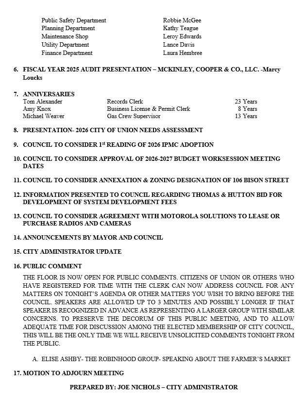 FEBRUARY 17, 2026-REGULAR COUNCIL MEETING AGENDA PG 2