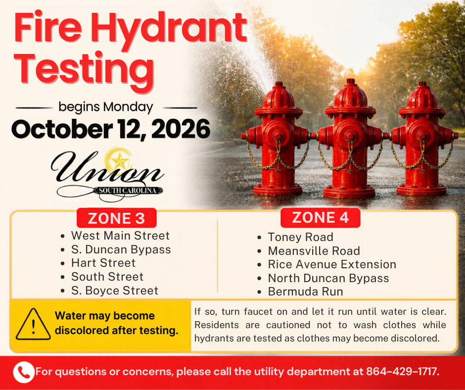 Fire Hydrant Testing beings Monday, October 12 for Zones 3 and 4.