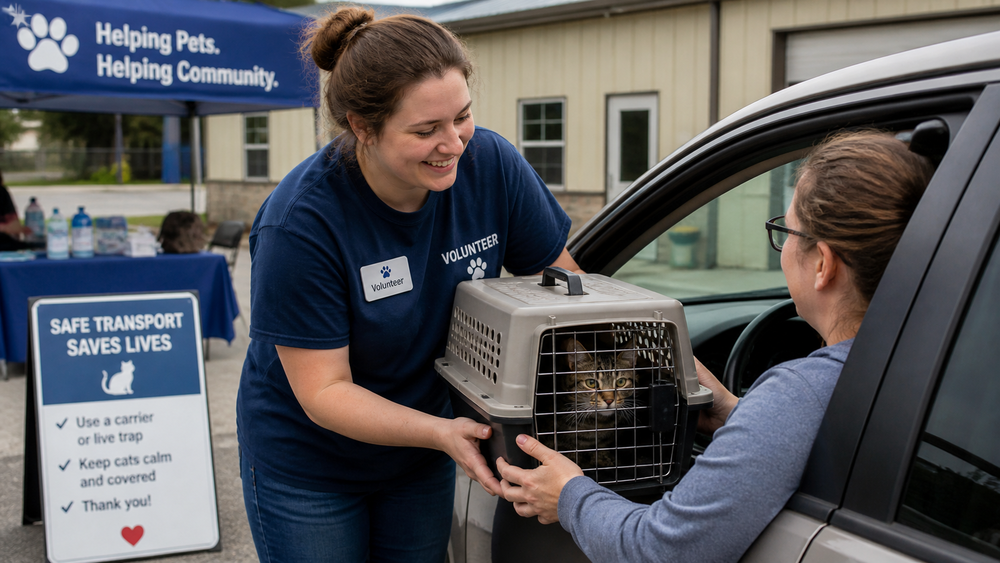 Volunteer handing a cat carrier with a tabby cat to a person in a car at an outdoor community event, with a “Safe Transport Saves Lives” sign and tent visible in the background.