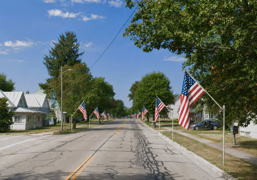 American flags line both sides of a quiet residential street in a small town, with trees, sidewalks, and homes under a clear blue sky.