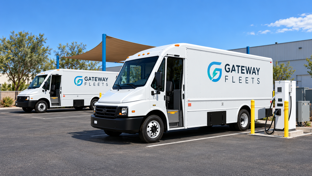Two white Gateway Fleets electric delivery vans parked beside charging equipment at a commercial depot.