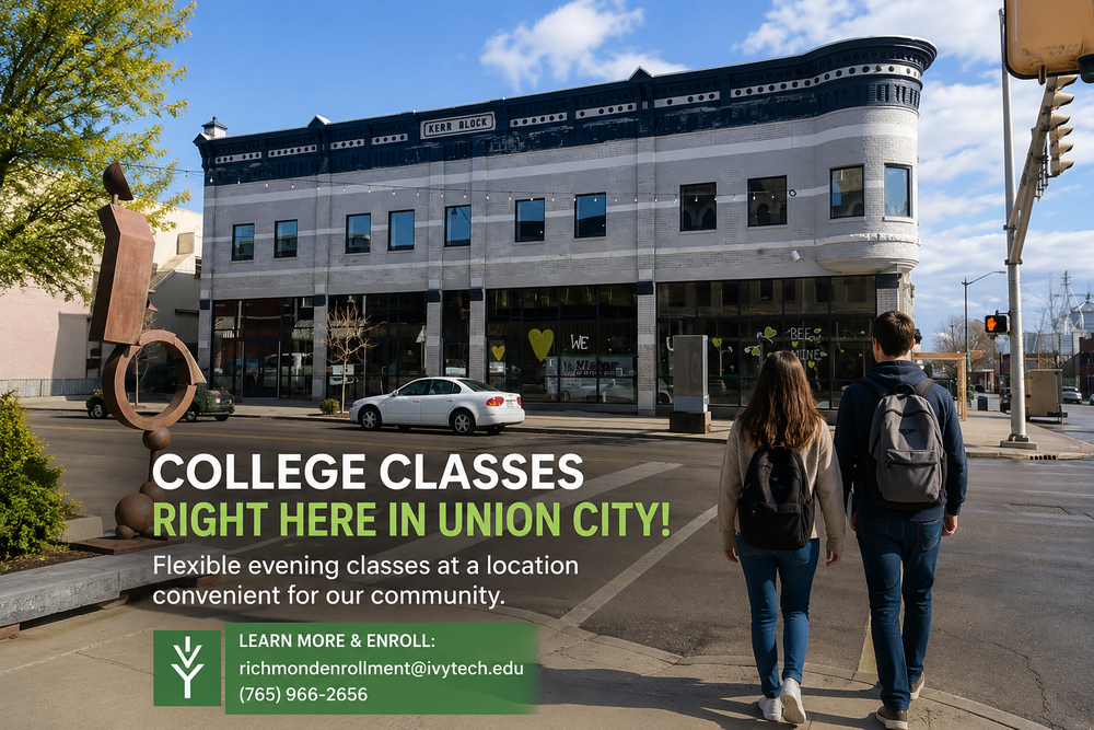Historic downtown Union City building at a street intersection on a sunny day, with two students walking on the sidewalk. Overlaid text promotes local college classes with enrollment contact information.