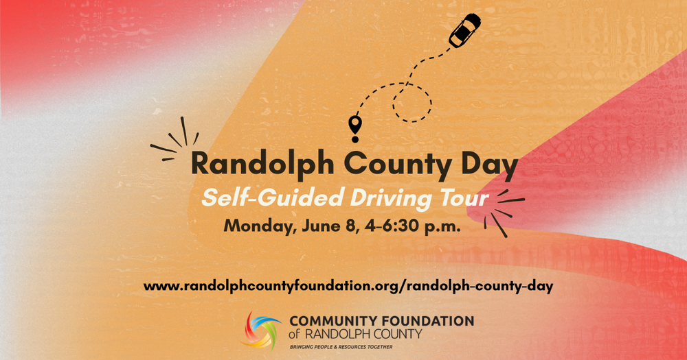Randolph County Day promotional graphic featuring event title, date, and time, with a stylized driving route illustration and Community Foundation branding.