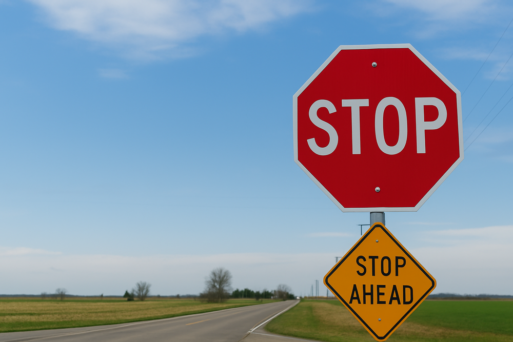 Stop Ahead sign along country road