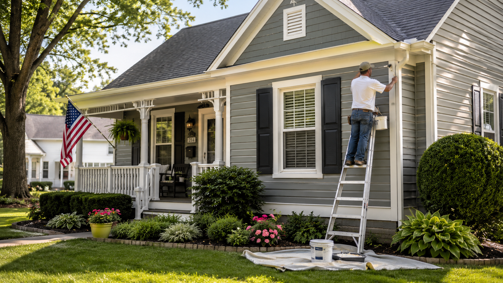 Well-maintained small-town home with a homeowner on a ladder painting exterior trim, surrounded by neat landscaping, a front porch, and a tidy yard on a quiet residential street.