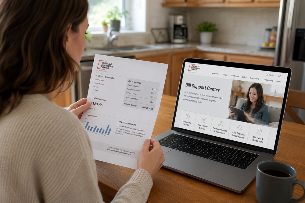 A woman sits at a kitchen table comparing an Indiana Michigan Power paper bill with the company’s online Bill Support Center displayed on her laptop.