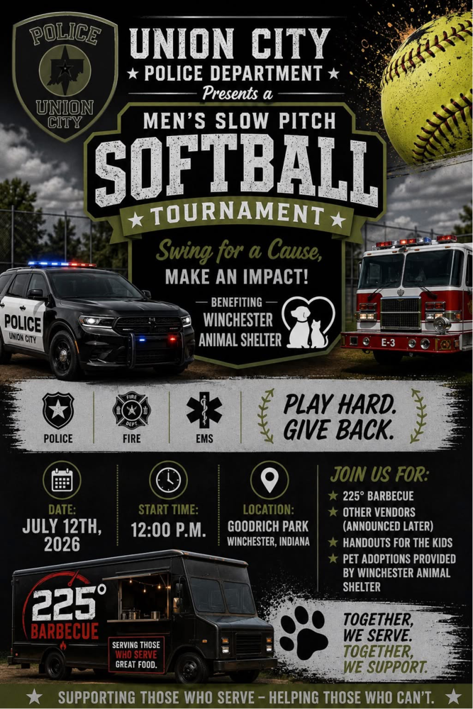 Promotional poster for a Union City Police Department men’s slow pitch softball tournament on July 12, 2026, at Goodrich Park in Winchester, Indiana, featuring police and fire vehicles, a softball graphic, event details, barbecue vendor, and activities benefiting the Winchester Animal Shelter.