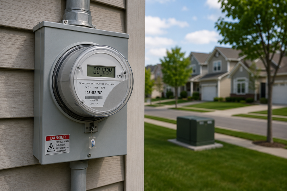Close-up of a residential electric meter mounted on a home, with houses, lawns, and neighborhood utility equipment in the background.