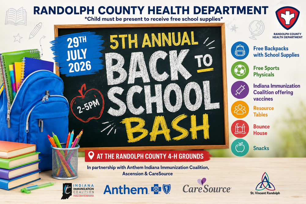 Colorful promotional flyer for the “5th Annual Back to School Bash” hosted by the Randolph County Health Department. The design features a chalkboard-style center with event details: July 29, 2026, from 2–5 PM at the Randolph County 4-H Grounds. Surrounding graphics include school supplies like a backpack, notebooks, crayons, and pencils. Text highlights free backpacks with school supplies, sports physicals, vaccinations, resource tables, a bounce house, and snacks. Partner organization logos appear along the bottom.
