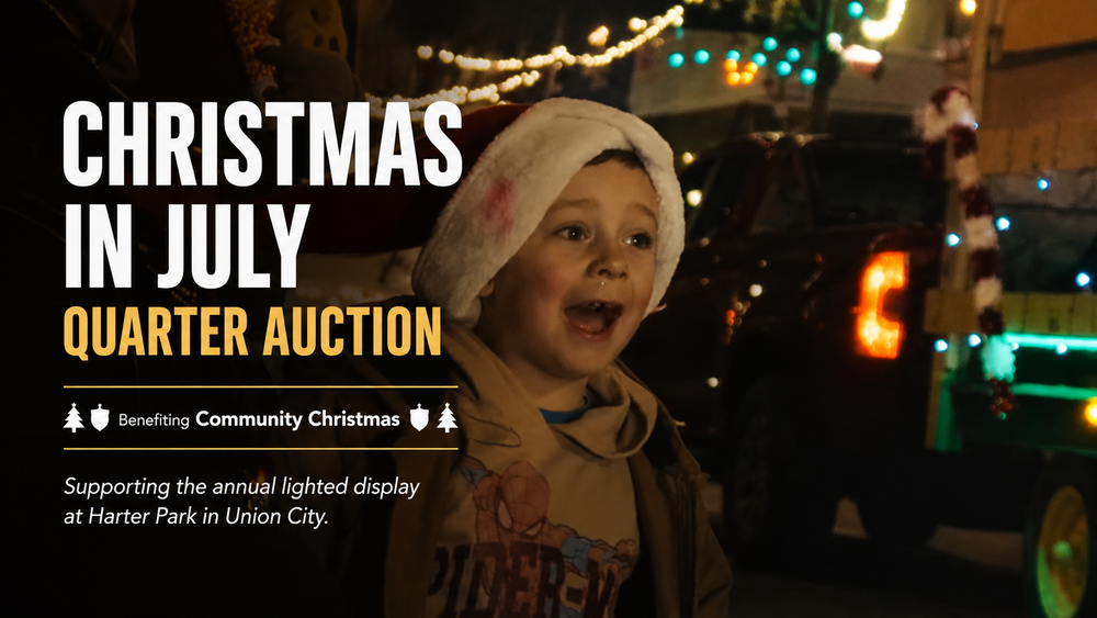 Child wearing a Santa hat smiling at a festive nighttime holiday display with string lights and decorated vehicles, overlaid with “Christmas in July Quarter Auction” event text supporting the Community Christmas light display at Harter Park.